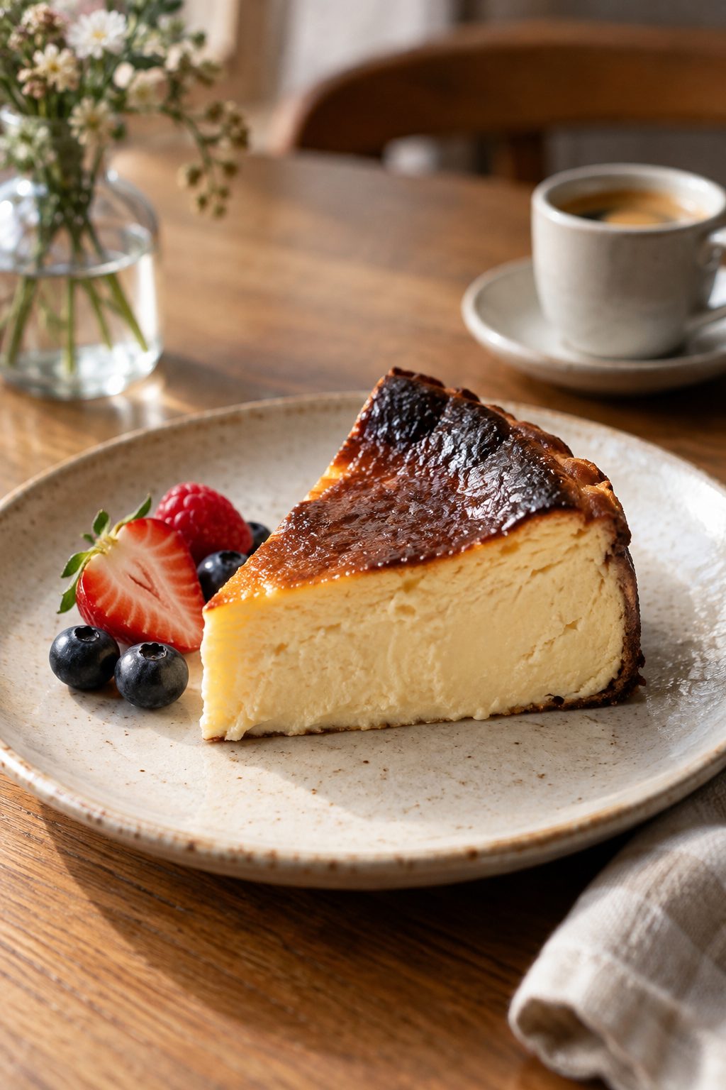 Temsili fotoğraf: mevsim meyveleriyle sunulan cheesecake ve espresso
